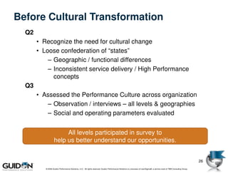 Before Cultural Transformation
  Q2
       • Recognize the need for cultural change
       • Loose confederation of “states”
           – Geographic / functional differences
           – Inconsistent service delivery / High Performance
             concepts
  Q3
       • Assessed the Performance Culture across organization
          – Observation / interviews – all levels & geographies
          – Social and operating parameters evaluated


                        All levels participated in survey to
                   help us better understand our opportunities.


                                                                                                                                                                             26
          © 2009 Guidon Performance Solutions, LLC. All rights reserved. Guidon Performance Solutions is a licensee of LeanSigma®, a service mark of TBM Consulting Group.
 