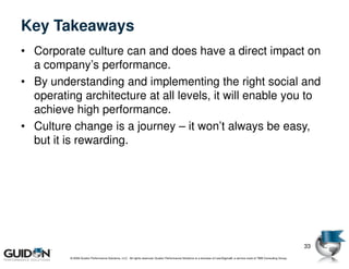 Key Takeaways
• Corporate culture can and does have a direct impact on
  a company’s performance.
• By understanding and implementing the right social and
  operating architecture at all levels, it will enable you to
  achieve high performance.
• Culture change is a journey – it won’t always be easy,
  but it is rewarding.




                                                                                                                                                                             33
          © 2009 Guidon Performance Solutions, LLC. All rights reserved. Guidon Performance Solutions is a licensee of LeanSigma®, a service mark of TBM Consulting Group.
 
