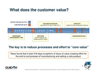 What does the customer value?




The key is to reduce processes and effort to “core value”

 Tesco found that it took 319 days to perform 2 hours of value creating effort for
      the end to end process of manufacturing and selling a cola product.



                                                                                                                                                                                   6

                © 2009 Guidon Performance Solutions, LLC. All rights reserved. Guidon Performance Solutions is a licensee of LeanSigma®, a service mark of TBM Consulting Group.
 