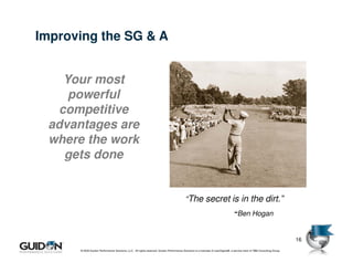 Improving the SG & A


    Your most
     powerful
   competitive
 advantages are
 where the work
    gets done


                                                                                         “The secret is in the dirt.”
                                                                                                                                -Ben Hogan

                                                                                                                                                                         16
      © 2009 Guidon Performance Solutions, LLC. All rights reserved. Guidon Performance Solutions is a licensee of LeanSigma®, a service mark of TBM Consulting Group.
 