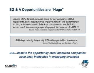 SG & A Opportunities are “Huge”

  As one of the largest expense pools for any company, SG&A
  represents a key opportunity to improve bottom- line performance.
  In fact, a 5% reduction in SG&A for companies in the S&P 500
  would result in an average operating profit increase of ~$183M.11
                                Source: Kaiser Associates analysis based on FY07 results for the S&P 500




    SG&A opportunity is typically $70 million per billion in revenue
                                                                         Source: The Hackett Group and Standard & Poor’s




But…despite the opportunity most American companies
     have been ineffective in managing overhead

                                                                                                                                                                             3
          © 2009 Guidon Performance Solutions, LLC. All rights reserved. Guidon Performance Solutions is a licensee of LeanSigma®, a service mark of TBM Consulting Group.
 
