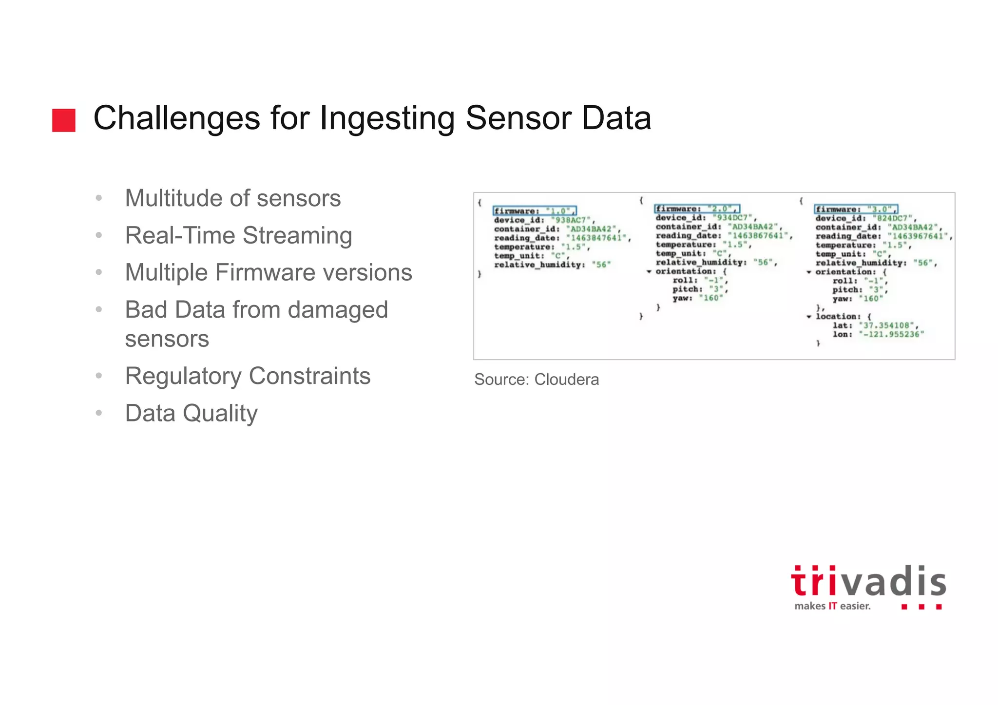 Challenges for Ingesting Sensor Data
• Multitude of sensors
• Real-Time Streaming
• Multiple Firmware versions
• Bad Data from damaged
sensors
• Regulatory Constraints
• Data Quality
Source: Cloudera
 