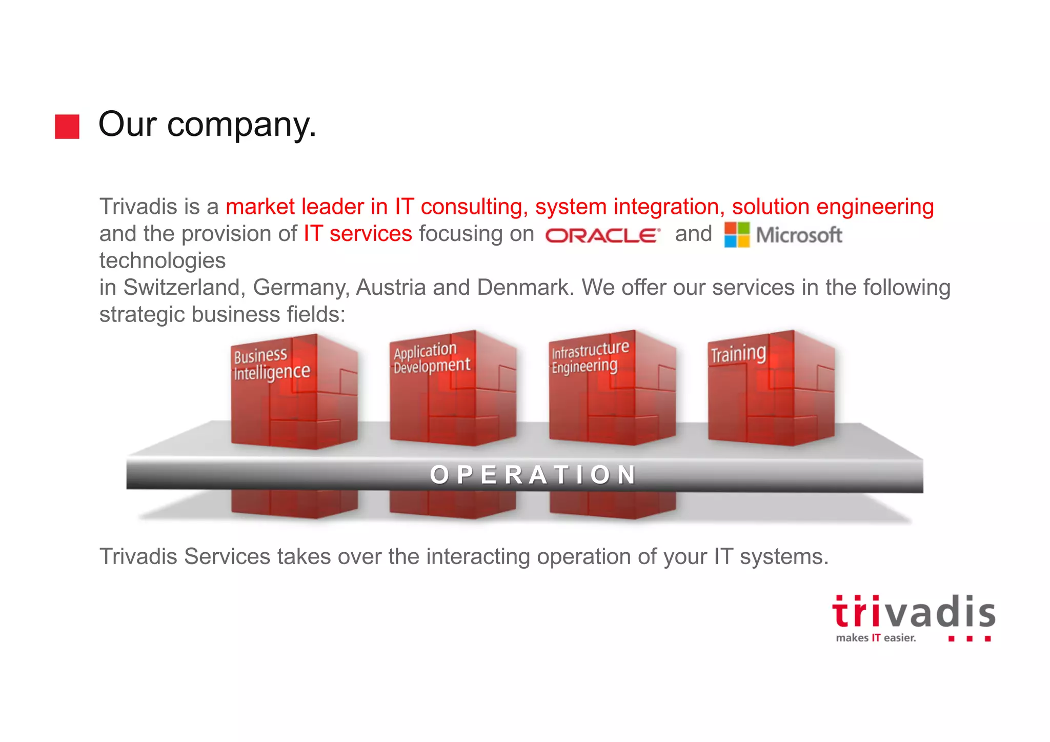 Our company.
Trivadis is a market leader in IT consulting, system integration, solution engineering
and the provision of IT services focusing on and
technologies
in Switzerland, Germany, Austria and Denmark. We offer our services in the following
strategic business fields:
Trivadis Services takes over the interacting operation of your IT systems.
O P E R A T I O N
 