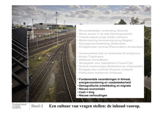 • Binnenstedelijke verdichting (Utrecht)
                        • Nieuw wonen in de wijk (Heerhugowaard)
                        • Tweede impuls jonge steden (Almere)
                        • Modernisering monumentenzorg (Nagele)
                        • Knooppuntontwikkeling (Rotterdam)
                        • Eindgebruiker centraal (Placemakers Amsterdam)

                        • Verwevenheid stad en landschap (Krachtgroen)
                        • Krimp (Topdorpen)
                        • Zelfbouw (HomeMade)
                        • Strategieën voor tijdelijkheid (TussenTijd)
                        • Ruimte-maatschappij (Nederland op ontwerptafel)
                        • Eindgebruiker centraal (Gezond verstand)
                        • Particuliere initiatieven (Vrijstaat)

                        • Fundamentele veranderingen in klimaat,
                          energievoorziening en voedselzekerheid
                        • Demografische ontwikkeling en migratie
                        • Nieuwe economieën
                        • Cash = king
                        • Nieuwe verhoudingen



Doel-1   Een cultuur van vragen stellen: de inhoud voorop.
 