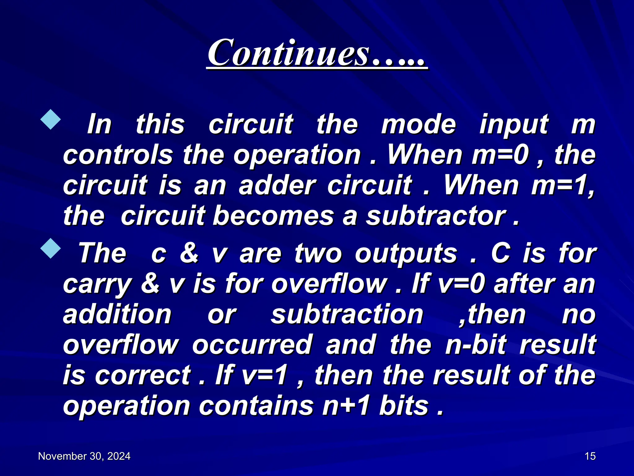 Continues…..
Continues…..
 In this circuit the mode input m
In this circuit the mode input m
controls the operation . When m=0 , the
controls the operation . When m=0 , the
circuit is an adder circuit . When m=1,
circuit is an adder circuit . When m=1,
the
the circuit becomes a subtractor .
circuit becomes a subtractor .
 The c & v are two outputs . C is for
The c & v are two outputs . C is for
carry & v is for overflow . If v=0 after an
carry & v is for overflow . If v=0 after an
addition or subtraction ,then no
addition or subtraction ,then no
overflow occurred and the n-bit result
overflow occurred and the n-bit result
is correct . If v=1 , then the result of the
is correct . If v=1 , then the result of the
operation contains n+1 bits .
operation contains n+1 bits .
November 30, 2024
November 30, 2024 15
15
 