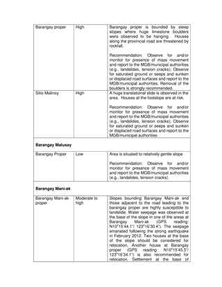 Barangay proper    High          Barangay proper is bounded by steep
                                 slopes where huge li...