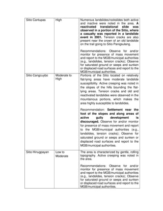 Sitio Cantupas     High          Numerous landslides/rockslides both active
                                 and inactive ...