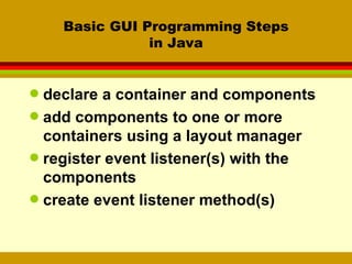 Basic GUI Programming Steps in Java declare a container and components add components to one or more containers using a layout manager register event listener(s) with the components create event listener method(s) 