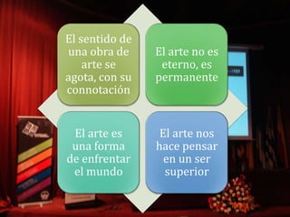 El sentido de
una obra de     El arte no es
    arte se      eterno, es
agota, con su   permanente
connotación


 El arte es      El arte nos
 una forma      hace pensar
de enfrentar      en un ser
 el mundo         superior
 