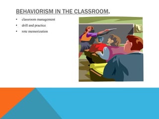 BEHAVIORISM IN THE CLASSROOM.
•   classroom management
•   drill and practice
•   rote memorization
 