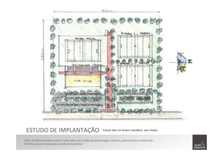 ESTUDO	
  DE	
  IMPLANTAÇÃO	
  
Nota:	
  Estudo	
  preliminar	
  sujeito	
  à	
  alterações	
  em	
  função	
  de	
  ajustes	
  legais,	
  técnicos,	
  operacionais	
  e	
  comerciais.	
  
Direitos	
  autorais	
  reservados	
  à	
  Julião	
  &	
  Arquitetos	
  	
  
Estudo feito em terreno hipotético, sem limites
 