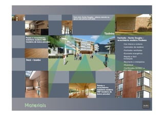 • Uso interno e externo
• Laminados de madeira
• Fachadas ventiladas
• Economia energética
• Rápida e fácil
instalação
• Resistente a intempéries
• Modulável
• Certificados ISO9001 e
ISO14001
Deck – bambú
Painéis e revestimentos
mobiliário madeira MBP
(madeira de baixa pressão)
Forro teto: Hunter Douglas – placas naturais ou
gesso com pintura anti-mofo
Fachada – Hunter Douglas –
revestimento madeira Prodema
Materiais
Tijolinho
Painéis e
revestimentos
mobiliário madeira
MBP (madeira de
baixa pressão)
 