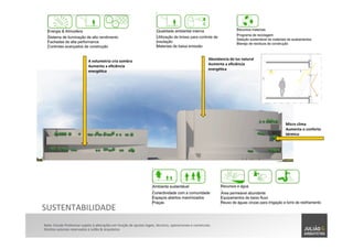 Nota:	
  Estudo	
  Preliminar	
  sujeito	
  à	
  alterações	
  em	
  função	
  de	
  ajustes	
  legais,	
  técnicos,	
  operacionais	
  e	
  comerciais.	
  	
  
Direitos	
  autorais	
  reservados	
  à	
  Julião	
  &	
  Arquitetos	
  
SUSTENTABILIDADE	
  
A	
  volumetria	
  cria	
  sombra	
  
Aumenta	
  a	
  eﬁciência	
  
energé]ca	
  
Abundancia	
  de	
  luz	
  natural	
  
Aumenta	
  a	
  eﬁciência	
  
energé]ca	
  
Micro	
  clima	
  
Aumenta	
  o	
  conforto	
  
térmico	
  
 