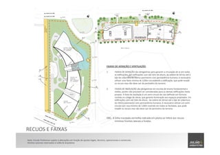 Nota:	
  Estudo	
  Preliminar	
  sujeito	
  à	
  alterações	
  em	
  função	
  de	
  ajustes	
  legais,	
  técnicos,	
  operacionais	
  e	
  comerciais.	
  	
  
Direitos	
  autorais	
  reservados	
  à	
  Julião	
  &	
  Arquitetos	
  
RECUOS	
  E	
  FAIXAS	
  
FAIXAS	
  DE	
  AERAÇÃO	
  E	
  VENTILAÇÃO:	
  	
  
	
  
1.  FAIXAS	
  DE	
  AERAÇÃO	
  são	
  obrigatórias	
  para	
  garanTr	
  a	
  circulação	
  de	
  ar	
  em	
  todas	
  
as	
  ediﬁcações.	
  Em	
  ediﬁcações	
  com	
  até	
  42m	
  de	
  altura,	
  da	
  soleira	
  do	
  térreo	
  até	
  a	
  
laje	
  de	
  cobertura	
  do	
  úlTmo	
  pavimento	
  com	
  permanência	
  humana,	
  é	
  necessário	
  
uTlizar	
  uma	
  faixa	
  mínima	
  de	
  3,00m	
  circundando	
  a	
  ediﬁcação,	
  que	
  pode	
  invadir	
  
os	
  recuos	
  mas	
  não	
  deve	
  sair	
  do	
  perímetro	
  do	
  terreno.	
  
2.  FAIXAS	
  DE	
  INSOLAÇÃO	
  são	
  obrigatórias	
  em	
  escolas	
  de	
  ensino	
  fundamental	
  e	
  
médio,	
  porém	
  não	
  precisam	
  ser	
  consideradas	
  para	
  as	
  demais	
  ediﬁcações	
  neste	
  
projeto.	
  A	
  faixa	
  de	
  insolação	
  é	
  um	
  semi-­‐círculo	
  de	
  raio	
  deﬁnido	
  em	
  fórmula	
  
conTda	
  no	
  código	
  de	
  obras,	
  que	
  garante	
  iluminação	
  aos	
  espaços	
  projetados.	
  Em	
  
ediﬁcações	
  com	
  até	
  24m	
  de	
  altura	
  ,	
  da	
  soleira	
  do	
  térreo	
  até	
  a	
  laje	
  de	
  cobertura	
  
do	
  úlTmo	
  pavimento	
  com	
  permanência	
  humana,	
  é	
  necessário	
  uTlizar	
  um	
  semi-­‐
círculo	
  com	
  raio	
  mínimo	
  de	
  3,00m	
  inserido	
  em	
  todas	
  as	
  fachadas,	
  que	
  pode	
  
invadir	
  os	
  recuos	
  mas	
  não	
  deve	
  sair	
  do	
  perímetro	
  do	
  terreno.	
  
OBS.:	
  A	
  linha	
  tracejada	
  vermelha	
  indicada	
  em	
  planta	
  se	
  refere	
  aos	
  recuos	
  
mínimos	
  frontais	
  laterais	
  e	
  fundos.	
  
 