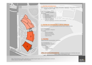 Nota:	
  Estudo	
  Preliminar	
  sujeito	
  à	
  alterações	
  em	
  função	
  de	
  ajustes	
  legais,	
  técnicos,	
  operacionais	
  e	
  comerciais.	
  	
  
Direitos	
  autorais	
  reservados	
  à	
  Julião	
  &	
  Arquitetos	
  
1	
  
2	
  
3	
  
3	
  -­‐TEATRO:	
  	
  
Espaço	
  desTnado	
  a	
  apresentações	
  e	
  seminários	
  
N°	
  DE	
  PAVIMENTOS:	
  1	
  +	
  1	
  
ÁREA	
  DO	
  PROGRAMA:	
  4.910,00	
  m²	
  
PROGRAMA:	
  
	
  -­‐	
  Palco;	
  
	
  -­‐	
  Platéia;	
  
	
  -­‐	
  Espaços	
  de	
  apoio;	
  
	
  -­‐	
  Foyer.	
  
2.	
  CENTRO	
  DE	
  EXPOSIÇÕES	
  E	
  ARTES	
  CÊNICAS:	
  	
  
Espaço	
  desTnado	
  ao	
  ensino	
  e	
  apresentações	
  de	
  artes	
  cênica	
  e	
  outras	
  correlatas	
  
N°	
  DE	
  PAVIMENTOS:	
  3	
  
ÁREA	
  DO	
  PROGRAMA:	
  5.746,00	
  m²	
  
PROGRAMA:	
  
	
  -­‐	
  Áreas	
  de	
  exposição;	
  
	
  -­‐	
  Áreas	
  de	
  convivência;	
  
	
  -­‐	
  Escola	
  de	
  artes	
  cênicas;	
  
	
  -­‐	
  Espaço	
  de	
  apoio.	
  
	
  	
  
1.	
  CENTRO	
  INTERATIVO	
  :	
  	
  
Edi{cio	
  desTnado	
  a	
  exposições	
  e	
  aTvidades	
  relacionadas	
  à	
  matemáTca,	
  ciências	
  ({sica,	
  química	
  e	
  
biologia)	
  e	
  suas	
  tecnologias.	
  
N°	
  DE	
  PAVIMENTOS:	
  6	
  
ÁREA	
  DO	
  PROGRAMA:	
  36.000m²	
  
PROGRAMA:	
  
	
  -­‐	
  Recepção;	
  
	
  -­‐	
  Espaço	
  para	
  crianças;	
  
	
  -­‐	
  Áreas	
  de	
  apoio;	
  
	
  -­‐	
  Áreas	
  de	
  convivência;	
  
	
  -­‐	
  Espaços	
  de	
  exposição;	
  
	
  -­‐	
  Área	
  para	
  experiências,	
  encontros	
  e	
  sala	
  de	
  projeção	
  
ÁREA	
  DE	
  ESTACIONAMENTO:	
  2	
  SUBSOLOS	
  COMUNS	
  AOS	
  3	
  EDIFÍCIOS	
  COM	
  1300	
  
VAGAS,	
  SENDO	
  39	
  DESTINADAS	
  A	
  PNE.	
  
 