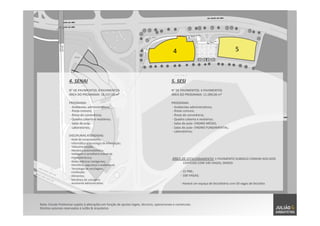 Nota:	
  Estudo	
  Preliminar	
  sujeito	
  à	
  alterações	
  em	
  função	
  de	
  ajustes	
  legais,	
  técnicos,	
  operacionais	
  e	
  comerciais.	
  	
  
Direitos	
  autorais	
  reservados	
  à	
  Julião	
  &	
  Arquitetos	
  
4.	
  SENAI	
  
N°	
  DE	
  PAVIMENTOS:	
  8	
  PAVIMENTOS	
  
ÁREA	
  DO	
  PROGRAMA:	
  16.537,00	
  m²	
  
	
  
PROGRAMA:	
  
	
  -­‐	
  Ambientes	
  administraTvos;	
  
	
  -­‐	
  Áreas	
  comuns;	
  
	
  -­‐	
  Áreas	
  de	
  convivência;	
  
	
  -­‐	
  Quadra	
  coberta	
  e	
  vesTários;	
  
	
  -­‐	
  Salas	
  de	
  aula;	
  
	
  -­‐	
  Laboratórios;	
  
	
  
DISCIPLINAS	
  ATENDIDAS:	
  
	
  -­‐	
  Rede	
  de	
  computadores;	
  
	
  -­‐	
  InformáTca	
  e	
  tecnologia	
  da	
  Informação;	
  
	
  -­‐	
  Telecomunicação;	
  
	
  -­‐	
  Mecânica	
  automobilísTca;	
  
	
  -­‐	
  Soldagem	
  e	
  serralharia	
  industrial;	
  
	
  -­‐	
  Eletroeletrônica;	
  
	
  -­‐	
  Redes	
  elétricas	
  inteligentes;	
  
	
  -­‐	
  DomóTca,	
  segurança	
  e	
  audiovisual;	
  
	
  -­‐	
  Tecnologia	
  de	
  reciclagem;	
  
	
  -­‐	
  Confecção;	
  
	
  -­‐	
  Alimentos;	
  
	
  -­‐	
  Mecânica	
  de	
  usinagem;	
  
	
  -­‐	
  Assistente	
  administraTvo;	
  
4	
   5	
  
5.	
  SESI	
  
N°	
  DE	
  PAVIMENTOS:	
  4	
  PAVIMENTOS	
  
ÁREA	
  DO	
  PROGRAMA:	
  11.000,00	
  m²	
  
	
  
PROGRAMA:	
  
	
  -­‐	
  Ambientes	
  administraTvos;	
  
	
  -­‐	
  Áreas	
  comuns;	
  
	
  -­‐	
  Áreas	
  de	
  convivência;	
  
	
  -­‐	
  Quadra	
  coberta	
  e	
  vesTários;	
  
	
  -­‐	
  Salas	
  de	
  aula–	
  ENSINO	
  MÉDIO;	
  
	
  -­‐	
  Salas	
  de	
  aula–	
  ENSINO	
  FUNDAMENTAL;	
  
	
  -­‐	
  Laboratórios;	
  
	
  
	
  
	
  
	
  
	
  
	
  ÁREA	
  DE	
  ESTACIONAMENTO:	
  1	
  PAVIMENTO	
  SUBSOLO	
  COMUM	
  AOS	
  DOIS	
  
EDIFÍCIOS	
  COM	
  540	
  VAGAS,	
  SENDO:	
  
	
  
	
  	
  	
  	
  	
  	
  	
  	
  	
  	
  	
  	
  -­‐	
  15	
  PNE;	
  
	
  	
  	
  	
  	
  	
  	
  	
  	
  	
  	
  	
  -­‐	
  100	
  VAGAS;	
  
	
  	
  	
  	
  	
  	
  	
  	
  	
  	
  	
  	
  	
  
	
  	
  	
  	
  	
  	
  	
  	
  	
  	
  	
  	
  -­‐	
  Haverá	
  um	
  espaço	
  de	
  bicicletário	
  com	
  50	
  vagas	
  de	
  bicicleta	
  
 