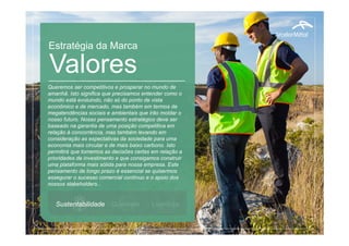 Estratégia da Marca
Queremos ser competitivos e prosperar no mundo de
amanhã. Isto significa que precisamos entender como o
mundo está evoluindo, não só do ponto de vista
econômico e de mercado, mas também em termos de
megatendências sociais e ambientais que irão moldar o
nosso futuro. Nosso pensamento estratégico deve ser
baseado na garantia de uma posição competitiva em
relação à concorrência, mas também levando em
consideração as expectativas da sociedade para uma
economia mais circular e de mais baixo carbono. Isto
permitirá que tomemos as decisões certas em relação a
prioridades de investimento e que consigamos construir
uma plataforma mais sólida para nossa empresa. Este
pensamento de longo prazo é essencial se quisermos
assegurar o sucesso comercial contínuo e o apoio dos
nossos stakeholders..
Valores
Sustentabilidade Qualidade Liderançall
 