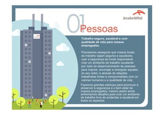 Pessoas
Trabalho seguro, saudável e com
qualidade de vida para nossos
empregados.
Precisamos assegurar que nossos locais
de trabalho sejam seguros e saudáveis,
usar a segurança de modo responsável,
criar um ambiente de trabalho excelente
por meio do desenvolvimento de pessoas
para inspirar, encorajar e energizar aqueles
ao seu redor; e através de relações
trabalhistas fortes e comprometidas com os
valores humanos e a qualidade de vida.
Fazemos grandes esforços para promover e
preservar a segurança e o bem estar de
nossos empregados, mesmo assim ainda
enfrentamos desafios para criar um ambiente
de trabalho livre de acidentes e saudável em
todos os aspectos.
 