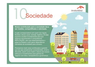 Sociedade
Nossa contribuição para a sociedade deve
ser medida, compartilhada e valorizada.
A ação corresponsável com quem nos regula,
fiscaliza, educa, pune, outorga, legitima, divulga,
suporta e acolhe é fundamental para que
sejamos reconhecidos e conquistemos
REPUTAÇÃO, sem que desempenhemos o
papel do Estado e sem gerar dependência
clientelista da sociedade para conosco.
Precisamos medir essa contribuição e garantir
que ela seja amplamente compreendida, crível e
difundida, assim como medir o retorno de nossos
esforços e investimentos para ganhos do
negócio com ética, transparência e governança.
 