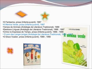 •O Fantasma, prosa (Infanto-juvenil), 1987
•A Menina Verde, prosa (Infanto-juvenil), 1987
•Versos de Animais (Antologia de Literatura Tradicional), 1988
•Destrava Línguas (Antologia de Literatura Tradicional), 1988 ; 1997
•Crime no Expresso do Tempo, prosa (Infanto-juvenil), 1988 ; 1999
• O som das Lenga-Lengas (Antologia de Literatura Tradicional), 1988 ; 1997
•O Disco Voador, prosa (Infanto-juvenil), 1989 ; 1990
 