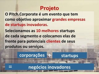 O Pitch.Corporate é um evento que tem
como objetivo aproximar grandes empresas
de startups inovadoras.
Selecionamos as 10 melhores startups
de cada segmento e colocamos elas de
frente para potenciais clientes de seus
produtos ou serviços.
Projeto
startupscorporações +
negócios inovadores=
 