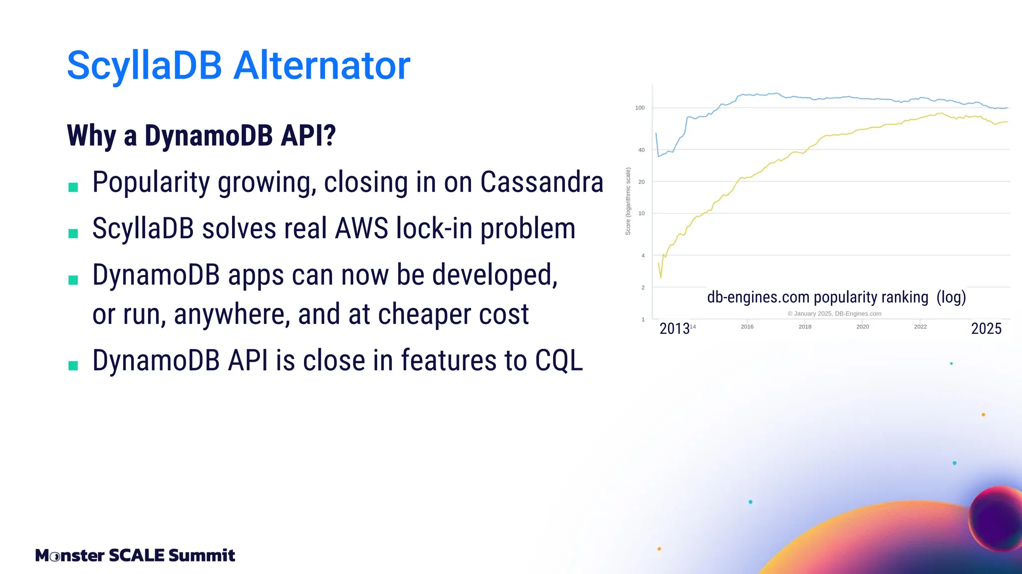Why a DynamoDB API?
■ Popularity growing, closing in on Cassandra
■ ScyllaDB solves real AWS lock-in problem
■ DynamoDB apps can now be developed,
or run, anywhere, and at cheaper cost
■ DynamoDB API is close in features to CQL
ScyllaDB Alternator
db-engines.com popularity ranking (log)
2013 2025
 