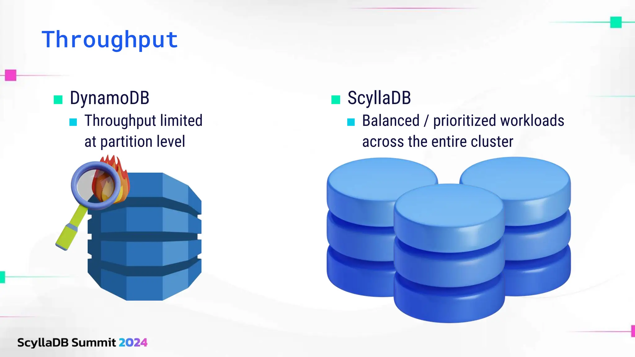 Throughput
■ DynamoDB
■ Throughput limited
at partition level
■ ScyllaDB
■ Balanced / prioritized workloads
across the entire cluster
 