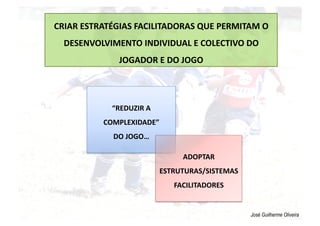José Guilherme Oliveira
CRIAR ESTRATÉGIAS FACILITADORAS QUE PERMITAM O 
DESENVOLVIMENTO INDIVIDUAL E COLECTIVO DO 
JOGADOR E DO JOGO 
“REDUZIR A 
COMPLEXIDADE” 
DO JOGO… 
ADOPTAR 
ESTRUTURAS/SISTEMAS 
FACILITADORES 
 