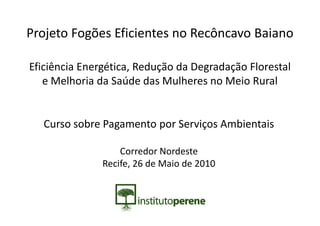 Projeto Fogões Eficientes no Recôncavo Baiano

Eficiência Energética, Redução da Degradação Florestal
   e Melhoria da Saúde das Mulheres no Meio Rural


  Curso sobre Pagamento por Serviços Ambientais

                   Corredor Nordeste
               Recife, 26 de Maio de 2010
 