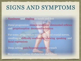 SIGNS AND SYMPTOMS
Numbness and tingling in hands and feet

Distal progression: muscle weakness, diminished reflexes
and proprioception, decreased sensation

For some, progresses to trunk, face, and cranial nerves,
resulting in difficulty swallowing, chewing, speaking, and
facial expressions

Deep, aching pain/hypersensitivity to touch

Respiratory/cardiac dysfunction and failure
 