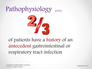 Pathophysiology (Cont.)
19/08/2018
Pediatric Guillain-Barré syndrome
Prof. Dr .Saad S Al Ani
13
of patients have a history of an
antecedent gastrointestinal or
respiratory tract infection
 