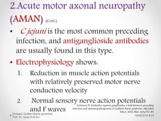 2.Acute motor axonal neuropathy
(AMAN) (Cont.)
• C jejuni is the most common preceding
infection, and antiganglioside antibodies
are usually found in this type.
• Electrophysiology shows:
1. Reduction in muscle action potentials
with relatively preserved motor nerve
conduction velocity
2. Normal sensory nerve action potentials
and F waves
19/08/2018
Pediatric Guillain-Barré syndrome
Prof. Dr .Saad S Al Ani
24
Schwerer B. Antibodies against gangliosides: a link between preceding
infection and immunopathogenesis of Guillain-Barré syndrome. Microbes
Infect. 2002 Mar. 4(3):373-84
 