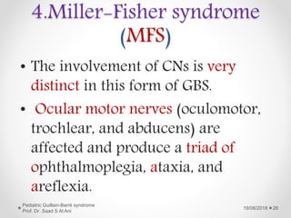 4.Miller-Fisher syndrome
(MFS)
• The involvement of CNs is very
distinct in this form of GBS.
• Ocular motor nerves (oculomotor,
trochlear, and abducens) are
affected and produce a triad of
ophthalmoplegia, ataxia, and
areflexia.
19/08/2018
Pediatric Guillain-Barré syndrome
Prof. Dr .Saad S Al Ani
26
 