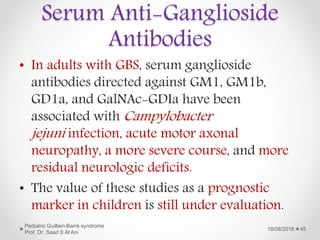 Serum Anti-Ganglioside
Antibodies
• In adults with GBS, serum ganglioside
antibodies directed against GM1, GM1b,
GD1a, and GalNAc-GDIa have been
associated with Campylobacter
jejuni infection, acute motor axonal
neuropathy, a more severe course, and more
residual neurologic deficits.
• The value of these studies as a prognostic
marker in children is still under evaluation.
19/08/2018
Pediatric Guillain-Barré syndrome
Prof. Dr .Saad S Al Ani
45
 