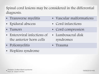 19/08/2018
Pediatric Guillain-Barré syndrome
Prof. Dr .Saad S Al Ani
48
Spinal cord lesions may be considered in the differential
diagnosis:
• Transverse myelitis • Vascular malformations
• Epidural abscess • Cord infarctions
• Tumors • Cord compression
• Enteroviral infections of
the anterior horn cells
• Lumbosacral disk
syndromes
• Poliomyelitis • Trauma
• Hopkins syndrome
 