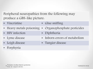 19/08/2018
Pediatric Guillain-Barré syndrome
Prof. Dr .Saad S Al Ani
49
Peripheral neuropathies from the following may
produce a GBS-like picture:
• Vincristine • Glue sniffing
• Heavy metals poisoning • Organophosphate pesticides
• HIV infection • Diphtheria
• Lyme disease • Inborn errors of metabolism
• Leigh disease • Tangier disease
• Porphyria
 
