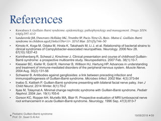 References
• Kuwabara S. Guillain-Barré syndrome: epidemiology, pathophysiology and management. Drugs. 2004.
64(6):597-610
• Landaverde JM, Danovaro-Holliday MC, Trumbo SP, Pacis-Tirso CL, Ruiz- Matus C. Guillain-Barré
syndrome in children aged J Infect Dis</i>. 2010 Mar. 201(5):746-50
• Kimoto K, Koga M, Odaka M, Hirata K, Takahashi M, Li J, et al. Relationship of bacterial strains to
clinical syndromes of Campylobacter-associated neuropathies. Neurology. 2006 Nov 28.
67(10):1837-43
• Korinthenberg R, Schessl J, Kirschner J. Clinical presentation and course of childhood Guillain-
Barré syndrome: a prospective multicentre study. Neuropediatrics. 2007 Feb. 38(1):10-7.
• Kieseier BC, Kiefer R, Gold R, Hemmer B, Willison HJ, Hartung HP. Advances in understanding
and treatment of immune-mediated disorders of the peripheral nervous system. Muscle Nerve.
2004 Aug. 30(2):131-56
• Schwerer B. Antibodies against gangliosides: a link between preceding infection and
immunopathogenesis of Guillain-Barré syndrome. Microbes Infect. 2002 Mar. 4(3):373-84
• Inaloo S, Katibeh P. Guillain-Barré syndrome presenting with bilateral facial nerve palsy. Iran J
Child Neurol. 2014 Winter. 8(1):70-2
• Ilyas M, Tolaymat A. Minimal change nephrotic syndrome with Guillain-Barré syndrome. Pediatr
Nephrol. 2004 Jan. 19(1):105-6
• Gorson KC, Ropper AH, Muriello MA, Blair R. Prospective evaluation of MRI lumbosacral nerve
root enhancement in acute Guillain-Barré syndrome. Neurology. 1996 Sep. 47(3):813-7
19/08/2018
Pediatric Guillain-Barré syndrome
Prof. Dr .Saad S Al Ani
59
.
 
