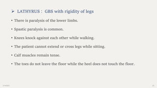 2/14/2023 25
 LATHYRUS : GBS with rigidity of legs
• There is paralysis of the lower limbs.
• Spastic paralysis is common.
• Knees knock against each other while walking.
• The patient cannot extend or cross legs while sitting.
• Calf muscles remain tense.
• The toes do not leave the floor while the heel does not touch the floor.
 