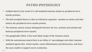 2/14/2023 5
• Guillain-Barré is the result of a cell-mediated immune attack on peripheral nerve
myelin proteins.
• The best-accepted theory is that an infectious organism contains an amino acid that
mimics the peripheral nerve myelin protein.
• The immune system cannot distinguish between the two proteins and attacks and
destroys peripheral nerve myelin.
• The ganglioside GM1b, is the most likely target of the immune attack.
• With the autoimmune attack there is an influx of macrophages and other immune-
mediated agents that attack myelin, cause inflammation and destruction, and leave
the axon unable to support nerve conduction.
PATHO-PHYSIOLOGY
 