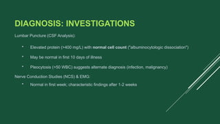 DIAGNOSIS: INVESTIGATIONS
Lumbar Puncture (CSF Analysis):
• Elevated protein (>400 mg/L) with normal cell count ("albuminocytologic dissociation")
• May be normal in first 10 days of illness
• Pleocytosis (>50 WBC) suggests alternate diagnosis (infection, malignancy)
Nerve Conduction Studies (NCS) & EMG:
• Normal in first week; characteristic findings after 1-2 weeks
 