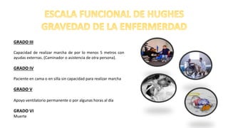 GRADO III
Capacidad de realizar marcha de por lo menos 5 metros con
ayudas externas. (Caminador o asistencia de otra persona).
GRADO IV
Paciente en cama o en silla sin capacidad para realizar marcha
GRADO V
Apoyo ventilatorio permanente o por algunas horas al día
GRADO VI
Muerte
 
