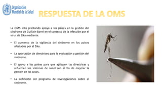 La OMS está prestando apoyo a los países en la gestión del
síndrome de Guillain-Barré en el contexto de la infección por el
virus de Zika mediante:
• El aumento de la vigilancia del síndrome en los países
afectados por el Zika.
• La aportación de directrices para la evaluación y gestión del
síndrome.
• El apoyo a los países para que apliquen las directrices y
refuercen los sistemas de salud con el fin de mejorar la
gestión de los casos.
• La definición del programa de investigaciones sobre el
síndrome.
 