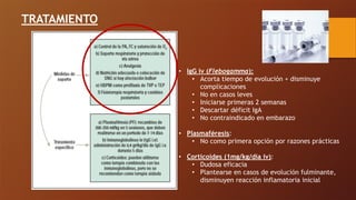 TRATAMIENTO
• IgG iv (Flebogamma):
• Acorta tiempo de evolución + disminuye
complicaciones
• No en casos leves
• Iniciarse primeras 2 semanas
• Descartar déficit IgA
• No contraindicado en embarazo
• Plasmaféresis:
• No como primera opción por razones prácticas
• Corticoides (1mg/kg/día iv):
• Dudosa eficacia
• Plantearse en casos de evolución fulminante,
disminuyen reacción inflamatoria inicial
 