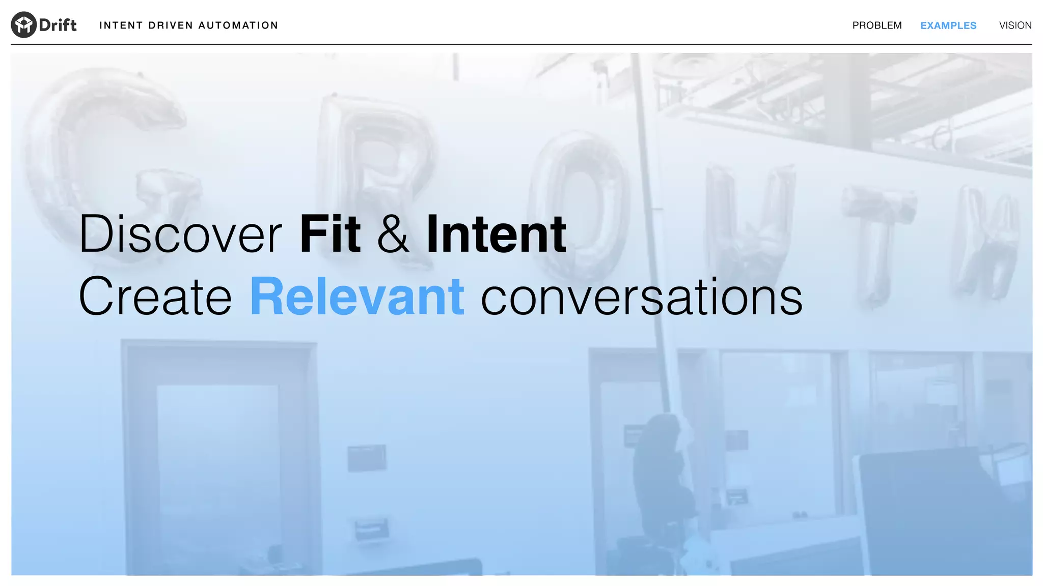 I N T E N T D R I V E N A U T O M AT I O N PROBLEM EXAMPLES VISION
Discover Fit & Intent
Create Relevant conversations
 