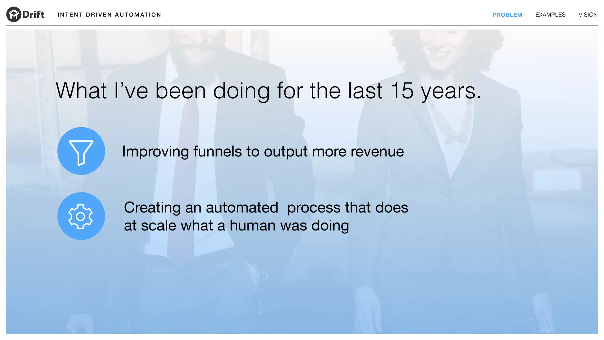 I N T E N T D R I V E N A U T O M AT I O N PROBLEM EXAMPLES VISION
What I’ve been doing for the last 15 years.
Improving funnels to output more revenue
Creating an automated process that does
at scale what a human was doing
 