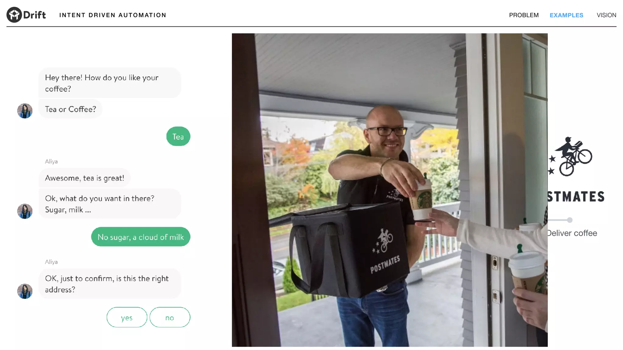 I N T E N T D R I V E N A U T O M AT I O N PROBLEM EXAMPLES VISION
Deliver coﬀeeBot data collection Create order
 