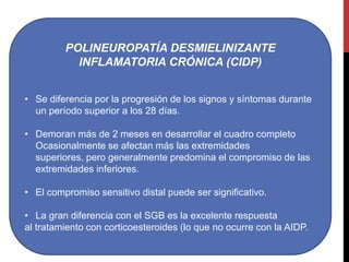 POLINEUROPATÍA DESMIELINIZANTE
INFLAMATORIA CRÓNICA (CIDP)
• Se diferencia por la progresión de los signos y síntomas durante
un período superior a los 28 días.
• Demoran más de 2 meses en desarrollar el cuadro completo
Ocasionalmente se afectan más las extremidades
superiores, pero generalmente predomina el compromiso de las
extremidades inferiores.
• El compromiso sensitivo distal puede ser significativo.
• La gran diferencia con el SGB es la excelente respuesta
al tratamiento con corticoesteroides (lo que no ocurre con la AIDP.

 