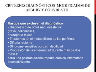 CRITERIOS DIAGNÓSTICOS MODIFICADOS DE
ASBURY Y CORNBLATH.

Rasgos que excluyen el diagnóstico
• Diagnóstico de botulismo, miastenia
grave, poliomielitis,
neuropatía tóxica
• Trastornos en el metabolismo de las porfirinas
• Difteria reciente
• Síndrome sensitivo puro sin debilidad
• Progresión de la enfermedad durante más de dos
meses:
sería una polirradiculoneuropatía crónica inflamatoria
desmielinizante

 