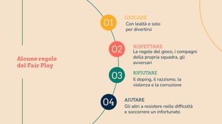 Alcune regole
del Fair Play
RISPETTARE
GIOCARE
Con lealtà e solo
per divertirsi
01
Le regole del gioco, i compagni
della propria squadra, gli
avversari
RIFIUTARE
Il doping, il razzismo, la
violenza e la corruzione
AIUTARE
Gli altri a resistere nelle difﬁcoltà
e soccorrere un infortunato
02
03
04
 