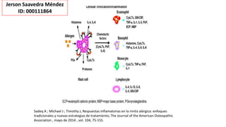Sadeq A ; Michael J ; Timothy J, Respuestas inflamatorias en la rinitis alérgica: enfoques
tradicionales y nuevas estrategias de tratamiento, The Journal of the American Osteopathic
Association , mayo de 2014 , vol. 104, 7S-15S.
Jerson Saavedra Méndez
ID: 000111864
 